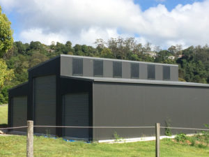 Farm shed with three roller doors and roof skylights